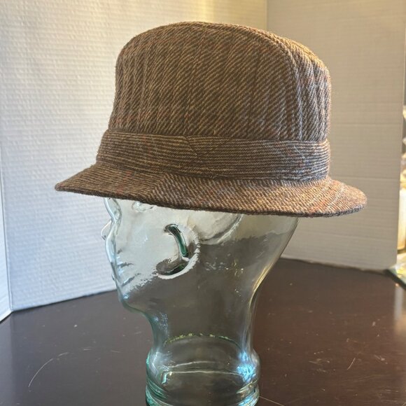 Vtg Large Brown Tweed Fedora Hat With Plaid Accent & Quilted Lining Wool Blend - Picture 3 of 7